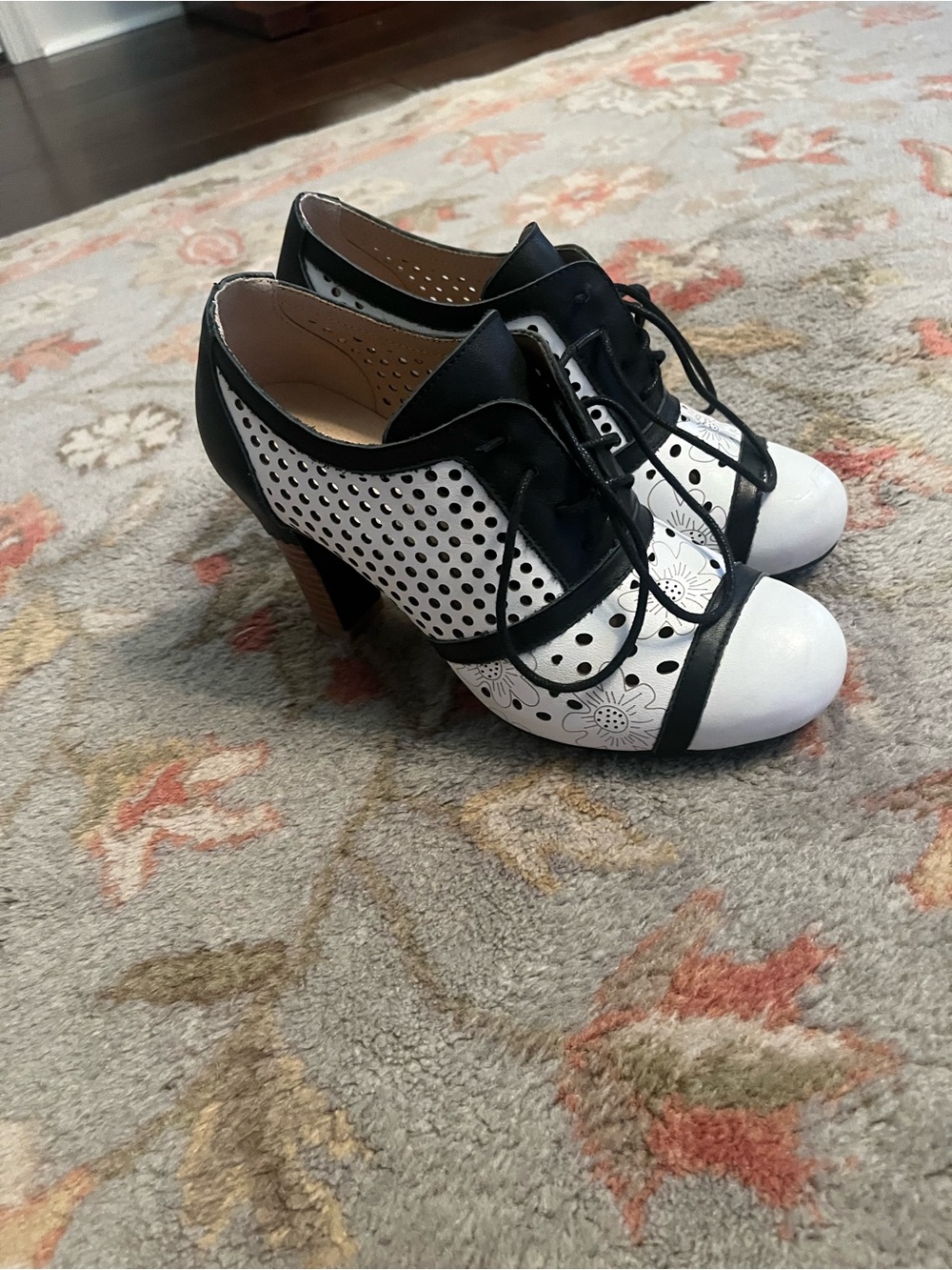 L’Artiste Black and White Floral Perforated Lace-Up Ankle Booties